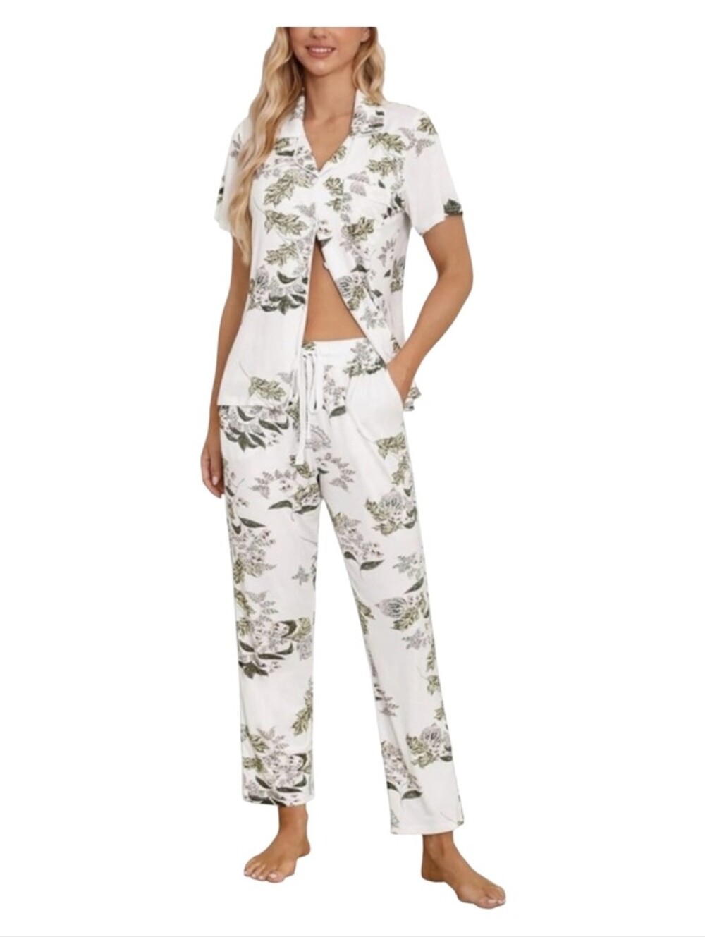 #6147   White Floral Lounge Set - Button Short Sleeve Top & Drawstring Pants